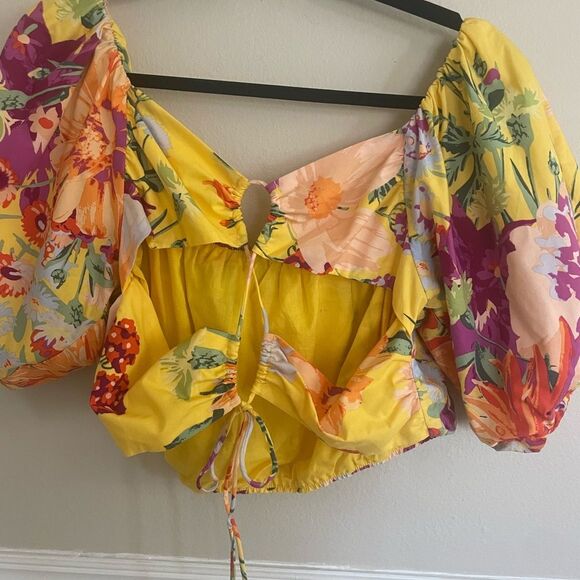 H&M Women's Floral Print Puff Sleeve Open Back Top - Picture 8 of 9